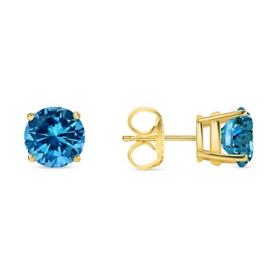 Pre-owned Shine Brite With A Diamond 3 Ct Round Cut Blue Earrings Studs Solid Real 18k Yellow Gold Push Back Basket