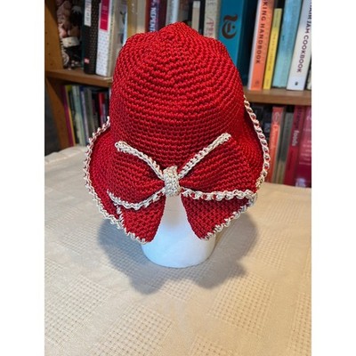 Hand Crocheted Red Sun Hat with Bow Accent