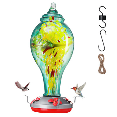 Hummingbird Feeder,Colorful Hand Blown Glass Bird Feeder,Ant Moat,S Hook,Brush