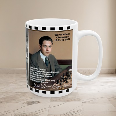 Jose Raul Capablanca, 15 oz Chess Mug, Primer of Chess Fundamentals Book Author