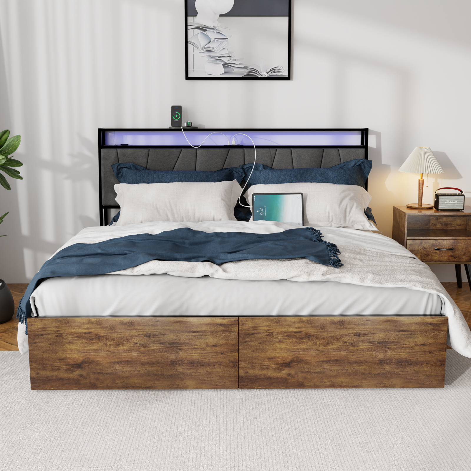 W/ Rgb Lights Charging Station Headboard 2 Drawers Rustic Brown