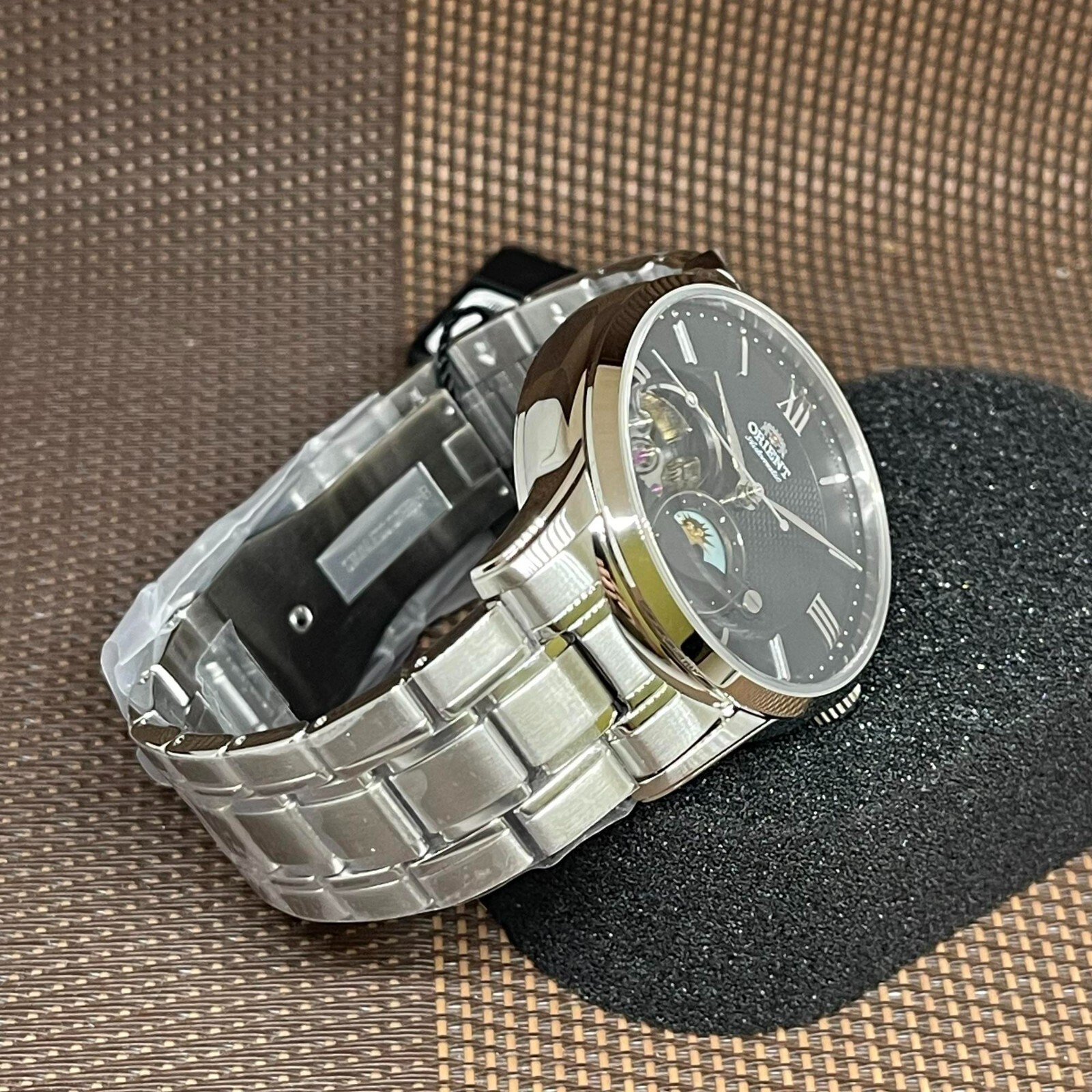 Pre-owned Orient Ra-as0008b10b Sun And Moon Open Heart Automatic Stainless Steel Men Watch