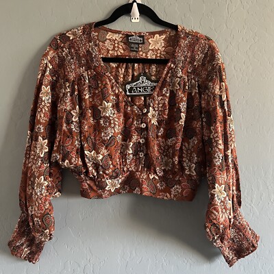 Angie Long Sleeve Crop Top W/ Buttons Pecan Large