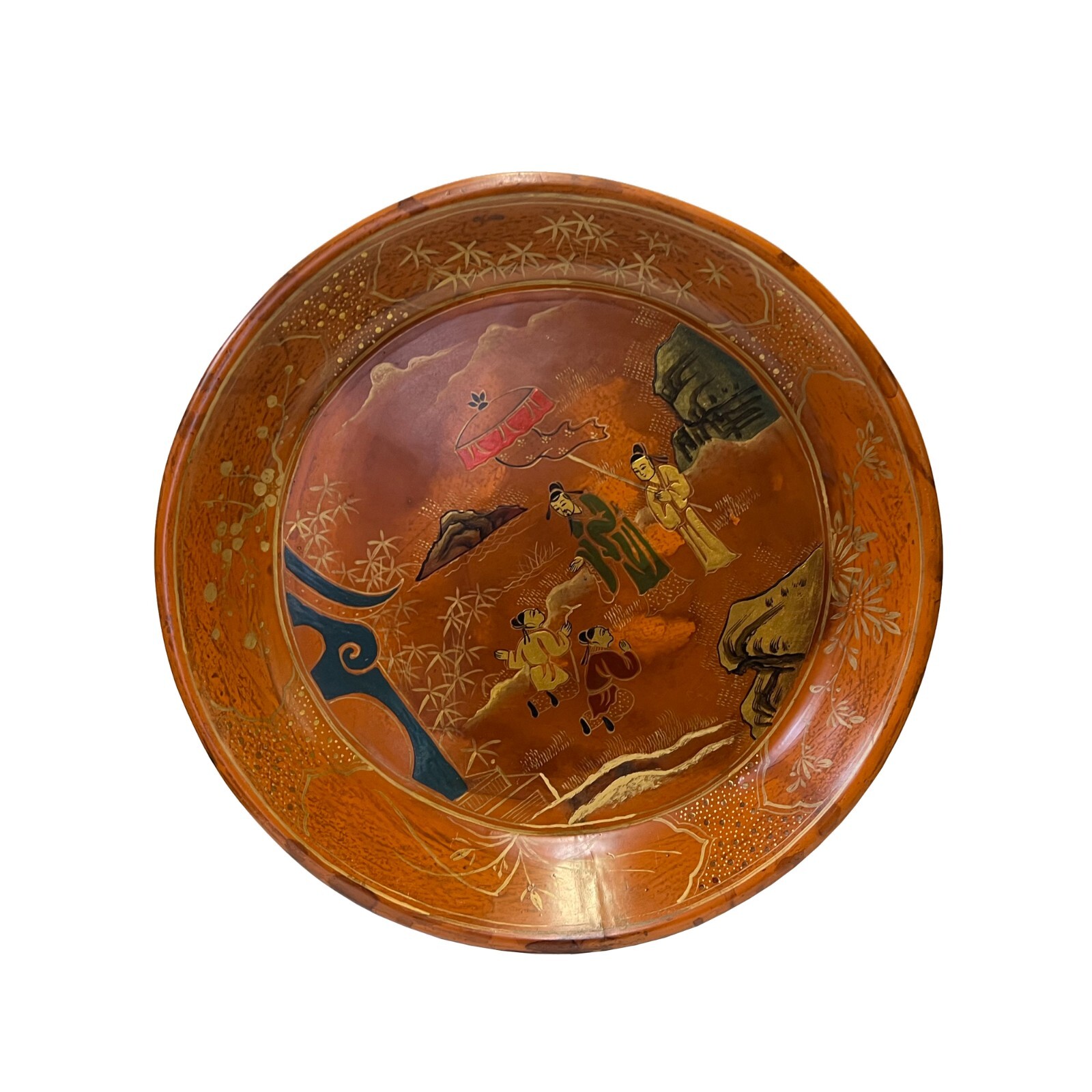 Chinoiseries Golden Graphic Brown Lacquer Round Display Disc Plate Tray ws3373S Chinoiseries Golden Graphic Brown Lacquer Round Display Disc Plate Tray ws3373S