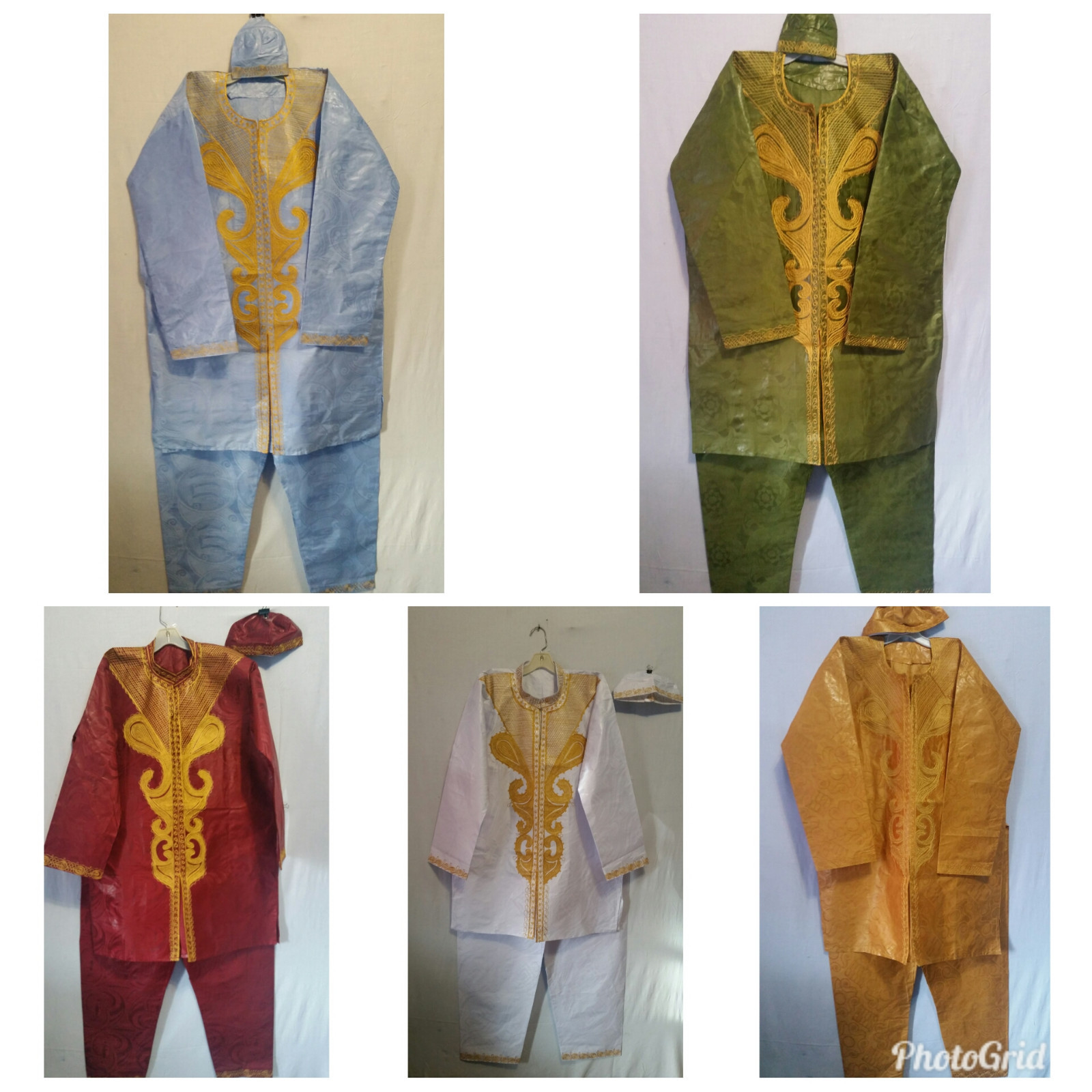 African Men's 3 PCs Embroidered Pant Suit Tradional Brocade Print Free Size