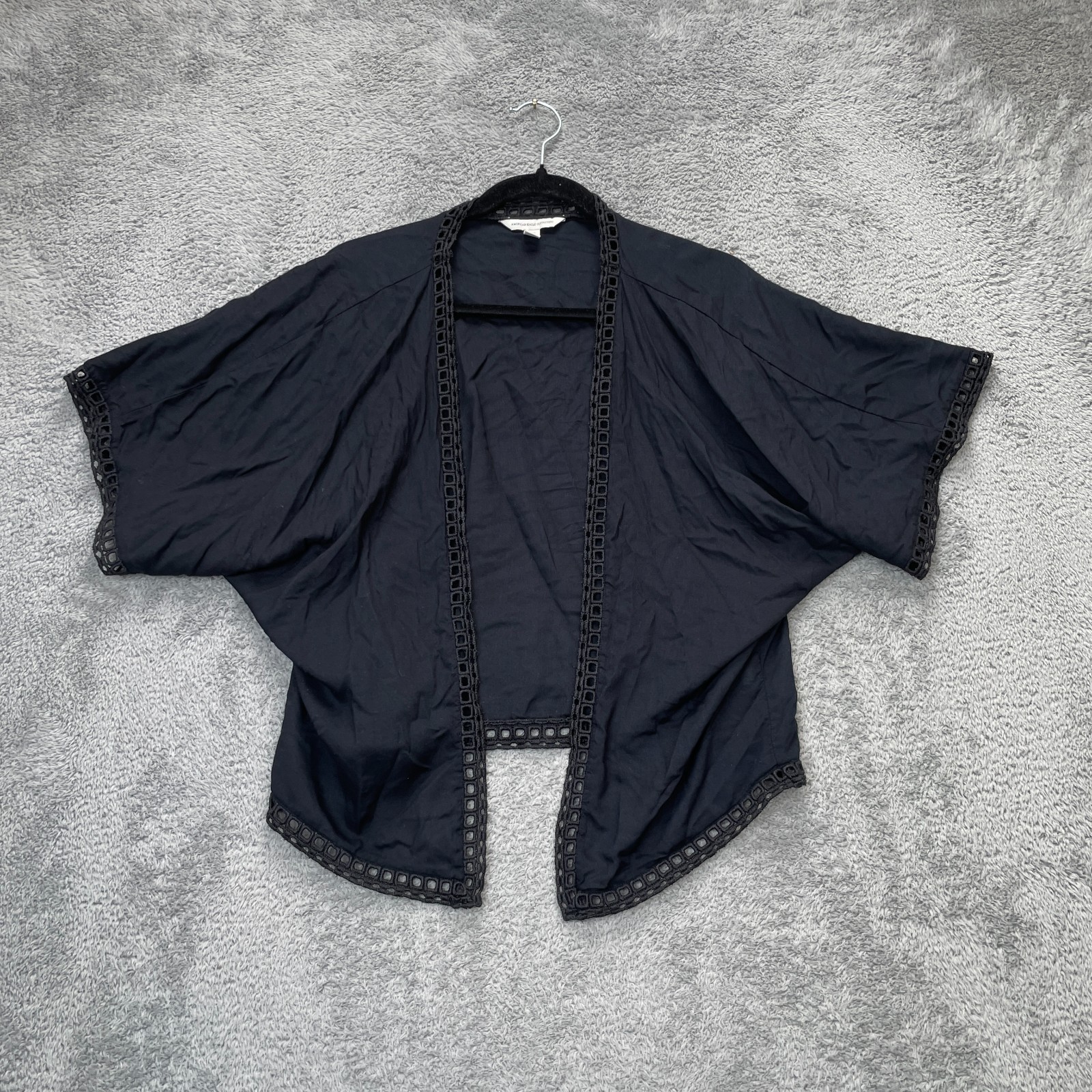 American Eagle Outfitters Womens Top Extra Small Black Kimono Ladder Lace Trim