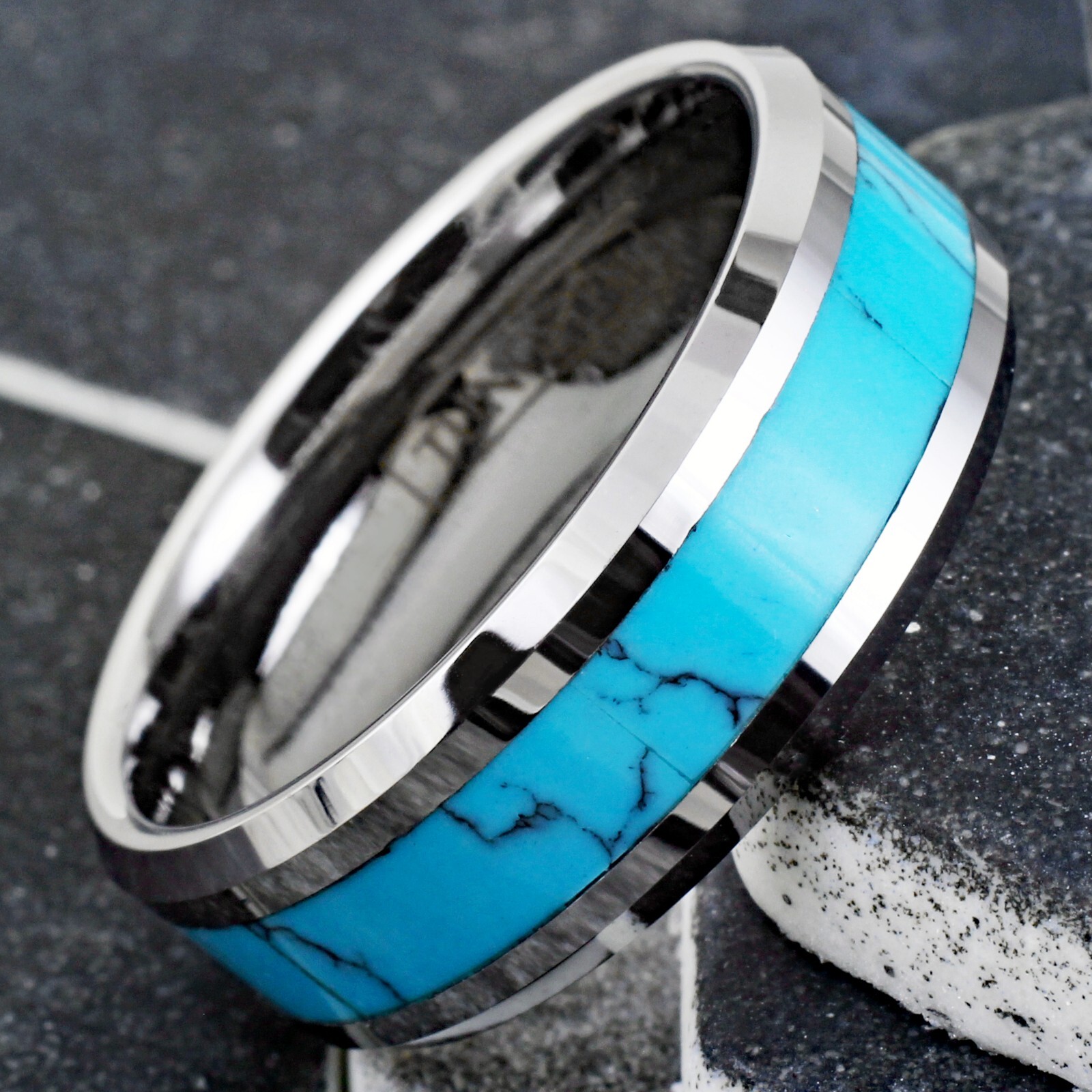 Tungsten Carbide Men's Turquoise Inlaid Comfort Fit Wedding Band Ring Size 5-13