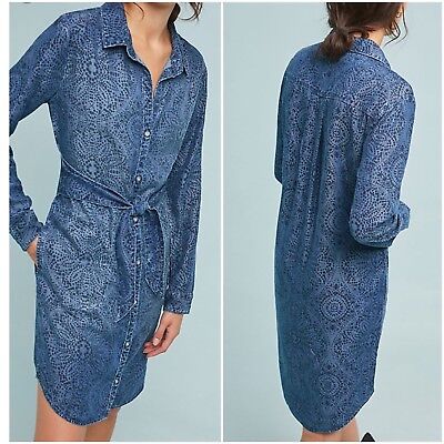 Anthropologie Cloth & Stone Printed Chambray Shirt Dress Woman Size M New