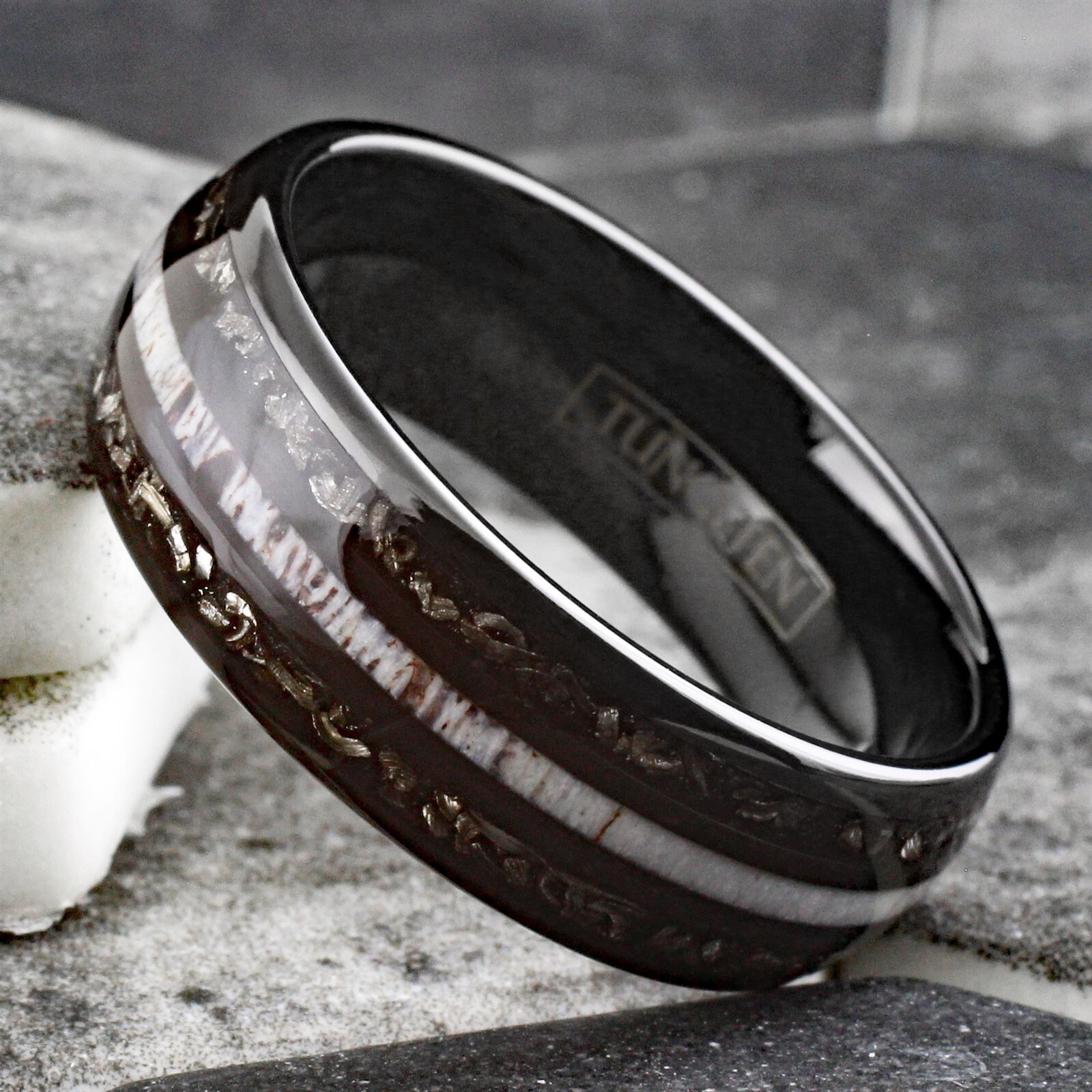 Black Tungsten Carbide Men's Ring w/ Deer Antler & Meteorite Wedding Band