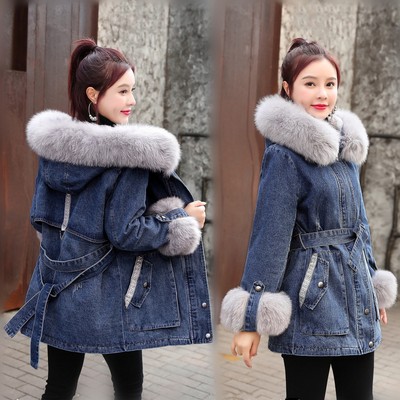 Women Winter Thicken Faux Fur Lining Denim Coat  Fur Collar Hooded Parkas Jacket