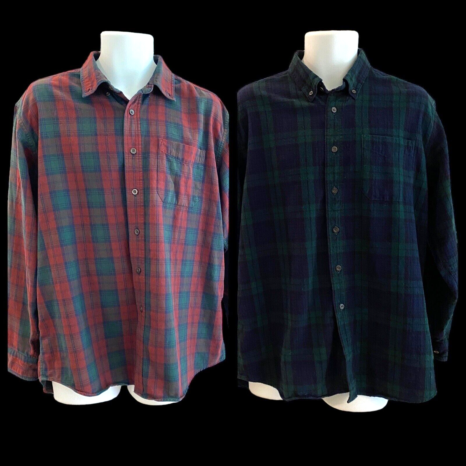 Lot 2 LL Bean Blackwatch Plaid Button Flannel Work Shirt Mens Large Long Sleeve