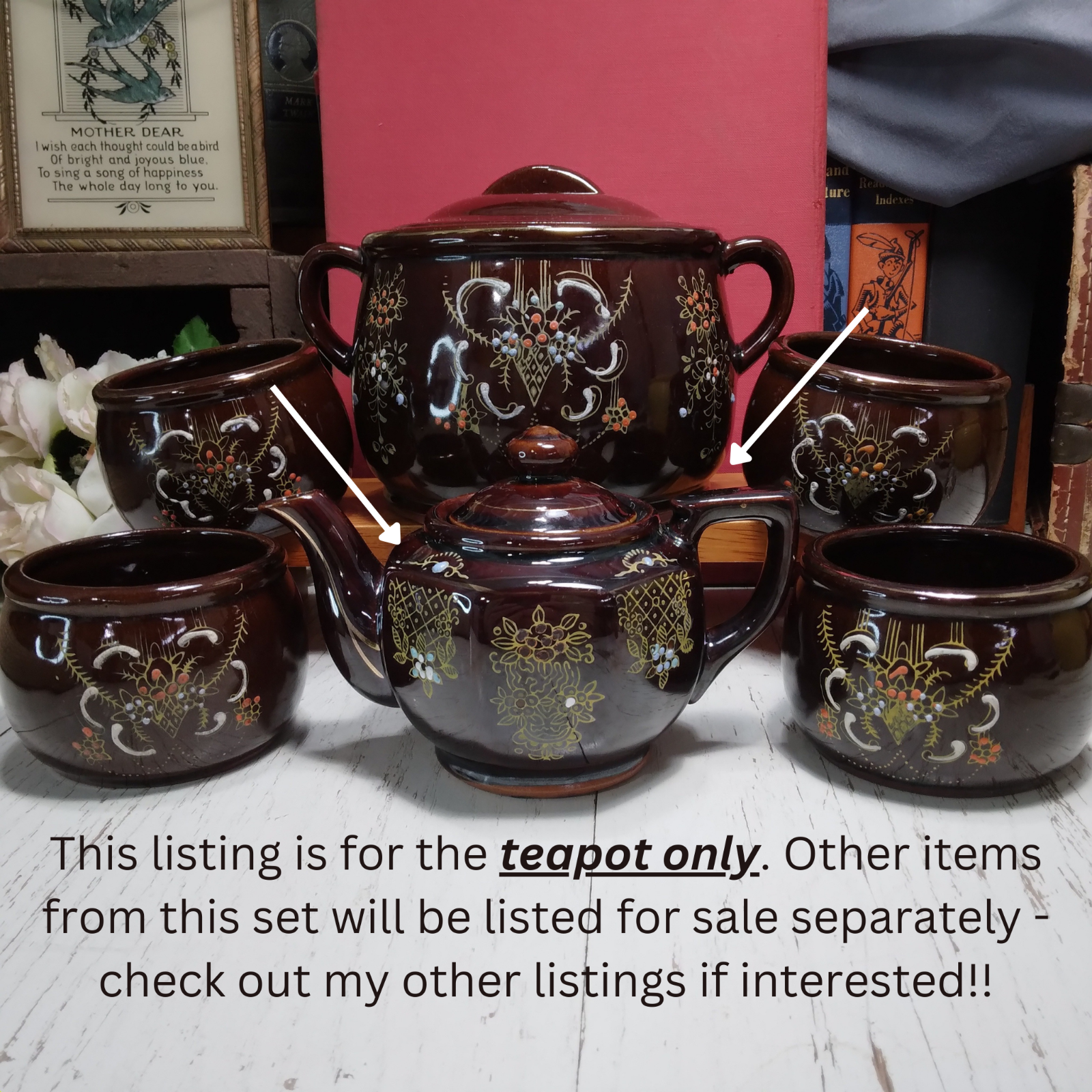 Vintage Moriage Small 4" Tall Teapot Hand Painted Japanese Redware Art Pottery