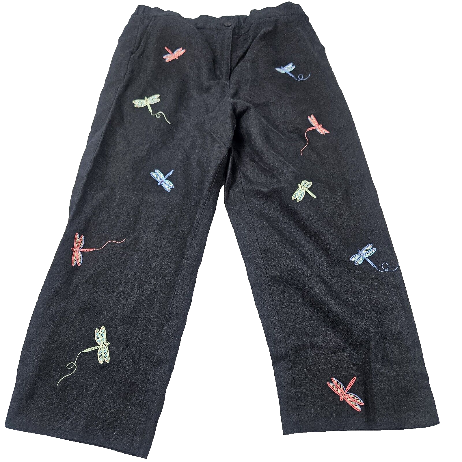 Appleseed's Black Dragonfly Embroidered Capri Pants 100% Linen Size 14 (32x22)