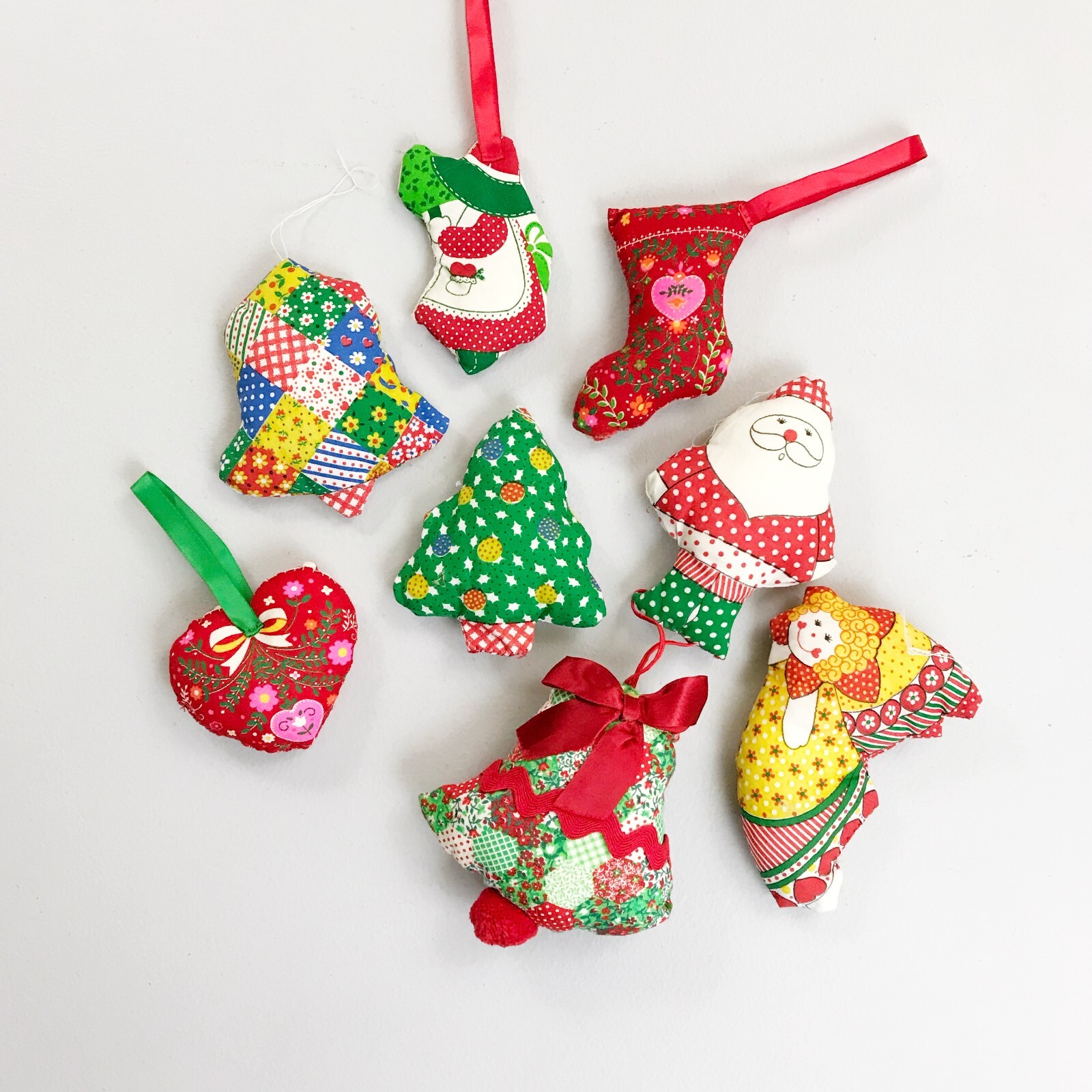VTG Handmade Patchwork Cloth Christmas Ornaments Set of 8