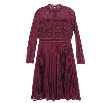 SELF PORTRAIT Symm Midi Dress Lace Burgundy Red Pleated Meghan Markle US 8