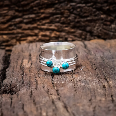 Blue Turquoise Three  Stone Spinner Ring 925 Silver Jewelry  Gift All Size Ring