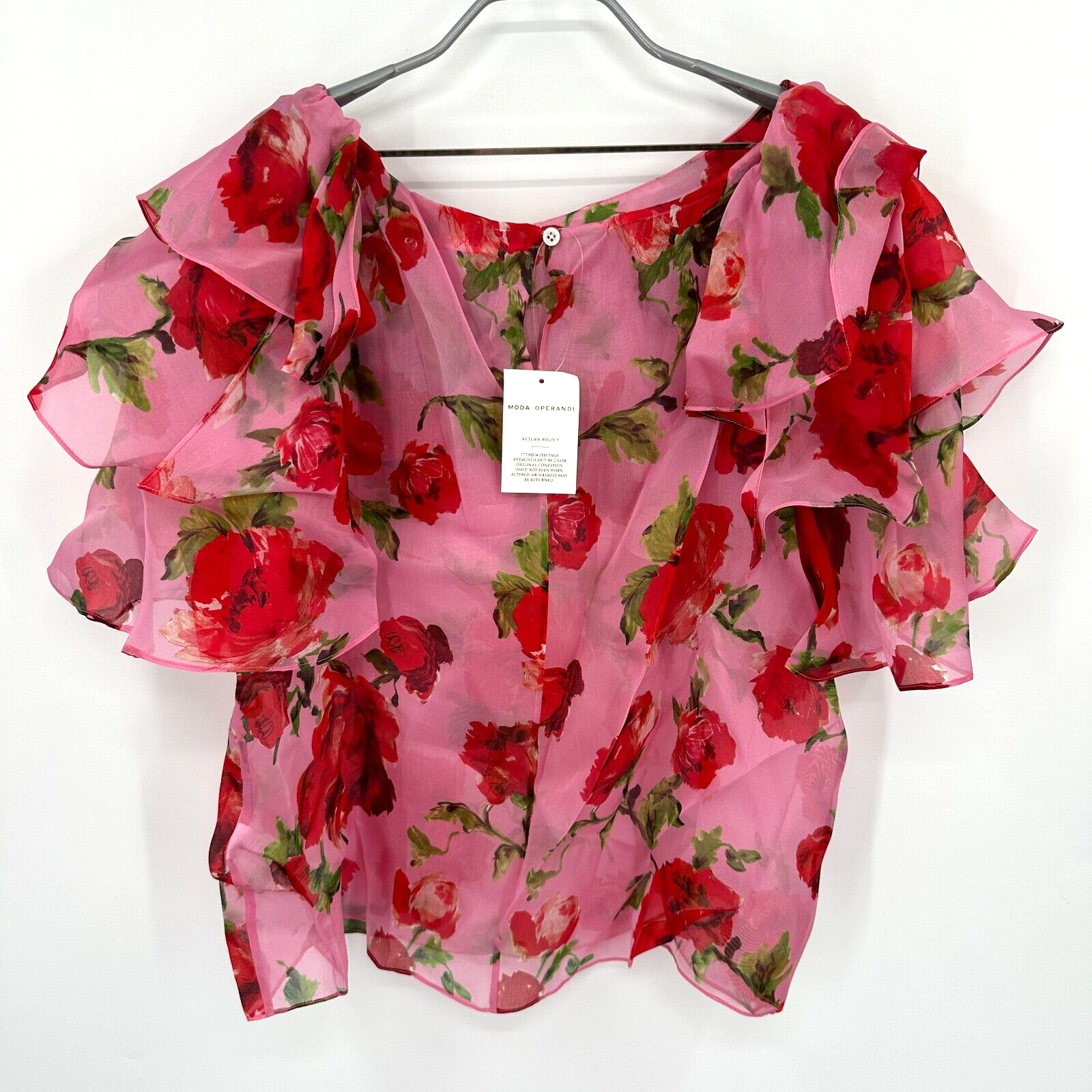 CAROLINA HERRERA CAROLINA HERRERA WOMEN'S SILK ORGANZA RUFFLED PINK FLORAL BLOUSE SZ 10 TOP
