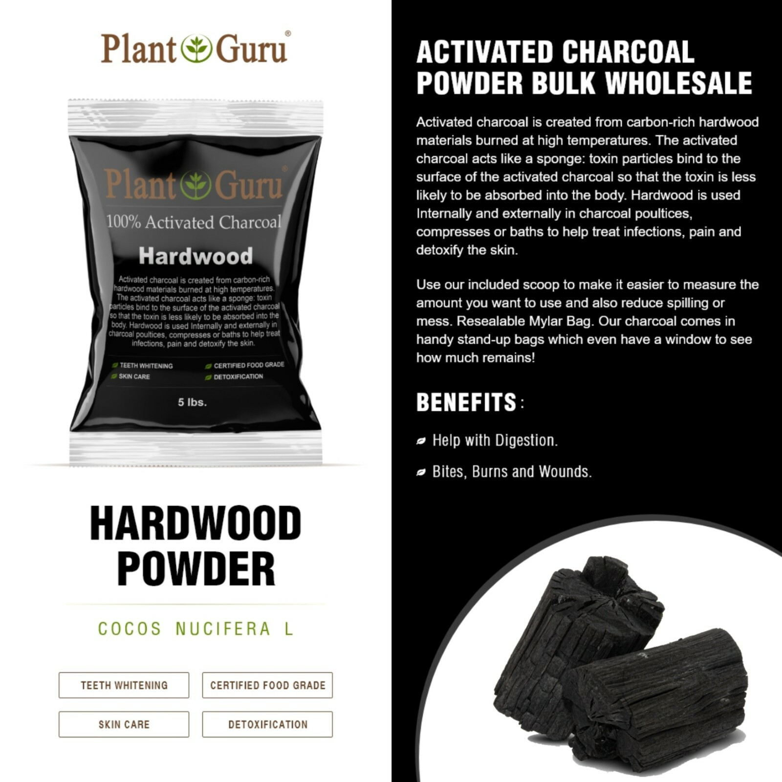 Activated Charcoal Powder 1 lb. HARDWOOD 100% Food Grade Organic Teeth Whitening