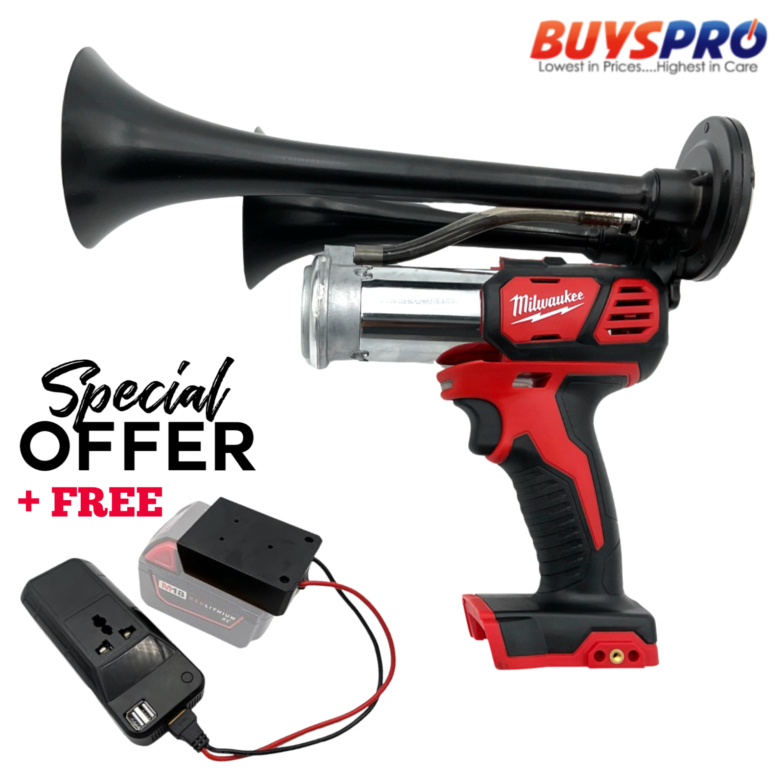 For Milwaukee 18V Drill Train Air Horn Dual Black Air Trumpets Double Loud BONUS