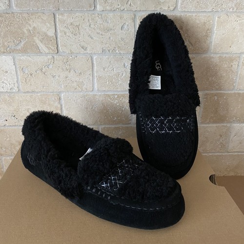 【新品】 Ansley UGG Braid モカシン 黒 24㎝ USA7 UGG ANSLEY BRAID BLACK SUEDE FUR MOCCASIN LOAFER SLIPPERS