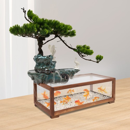 Chinese Zen Style Fish Tank Water Dispenser Humidifier Indoor Waterfall+Mist LED