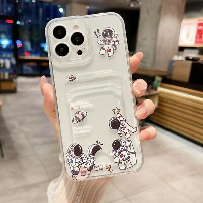 For Huawei Xiaomi Cartoon Astronaut Card Wallet Bag Case Soft Clear Phone Cover