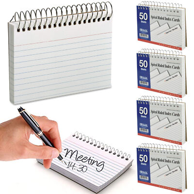 4pc White Index Cards 3'' X 5'' Spiral Bound Ruled Front 50 Sheets School Office