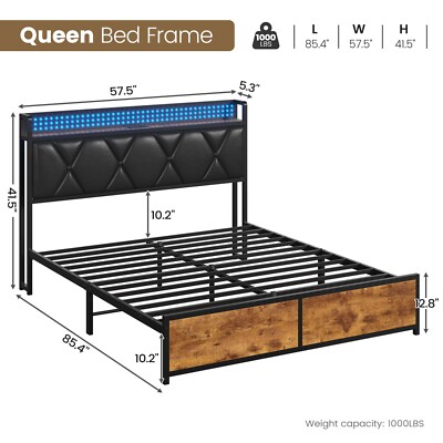 Queen King Size LED Bed Frame with Storage PU Headboard Upholstered Platform Bed