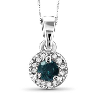 JewelonFire 1/2 Carat T.W. Blue And White Diamond Sterling Silver Halo Pendant