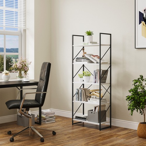 5-Tier Bookcase Rustic Wood and Metal Standing Bookshelf Vintage Book Shelf Unit