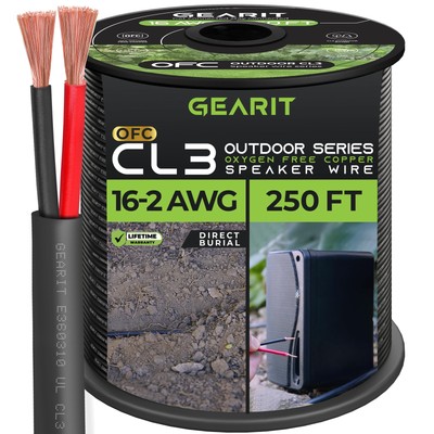 GearIT 16/2 Speaker Wire (250 Feet) 16AWG Gauge - Outdoor Direct Burial in Gr...