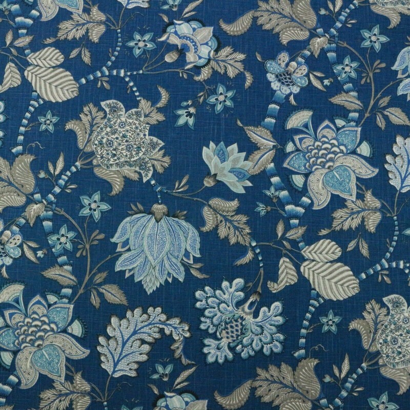 Clarice Indigo P Kaufmann Linen Drapery Upholstery Floral Jacobean
