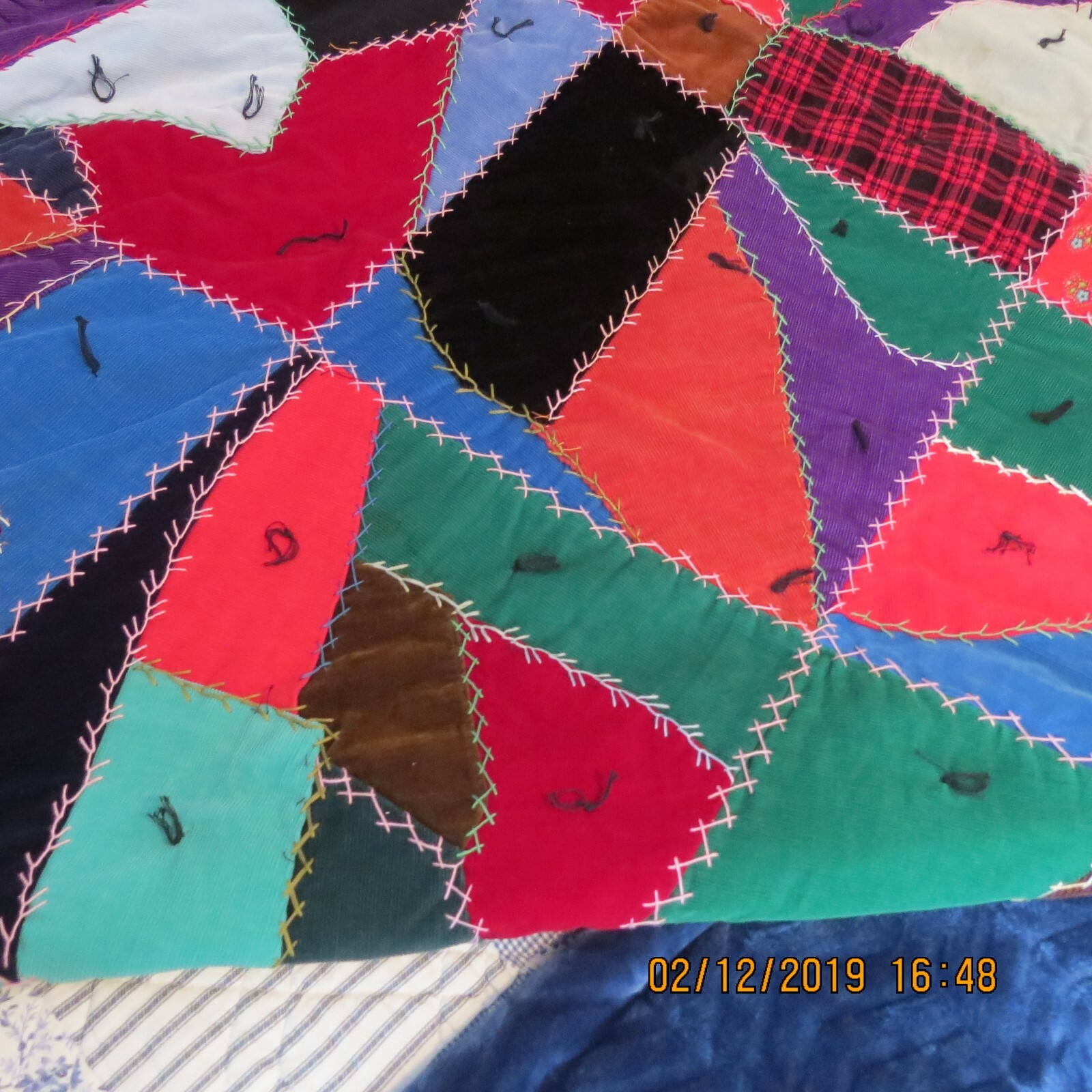 VTG.CRAZY QUILTS 1940 CORDEROY PATCH  82'' X 72'' EXTRA COLOR PIED DE POULE RARE