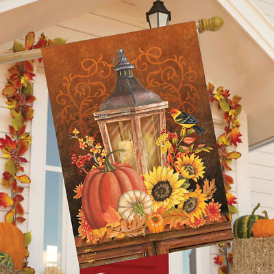 #135 AUTUMN FALL LANTERN PUMPKINS SUNFLOWERS LARGE HOUSE FLAG 28X40 BANNER