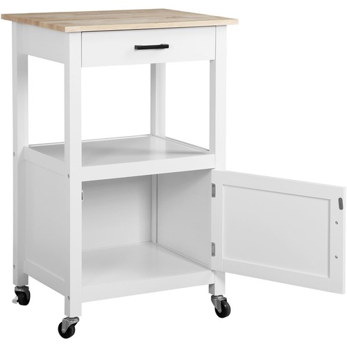 Rolling Kitchen Cart with 3 Hooks MDF Frame Microwave Stand Island, White