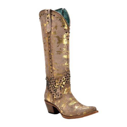 Pre-owned Corral Boots Corral Ladies Sand-gold Touches Pointed Toe Zipper Tall Boots C4135 In Brown