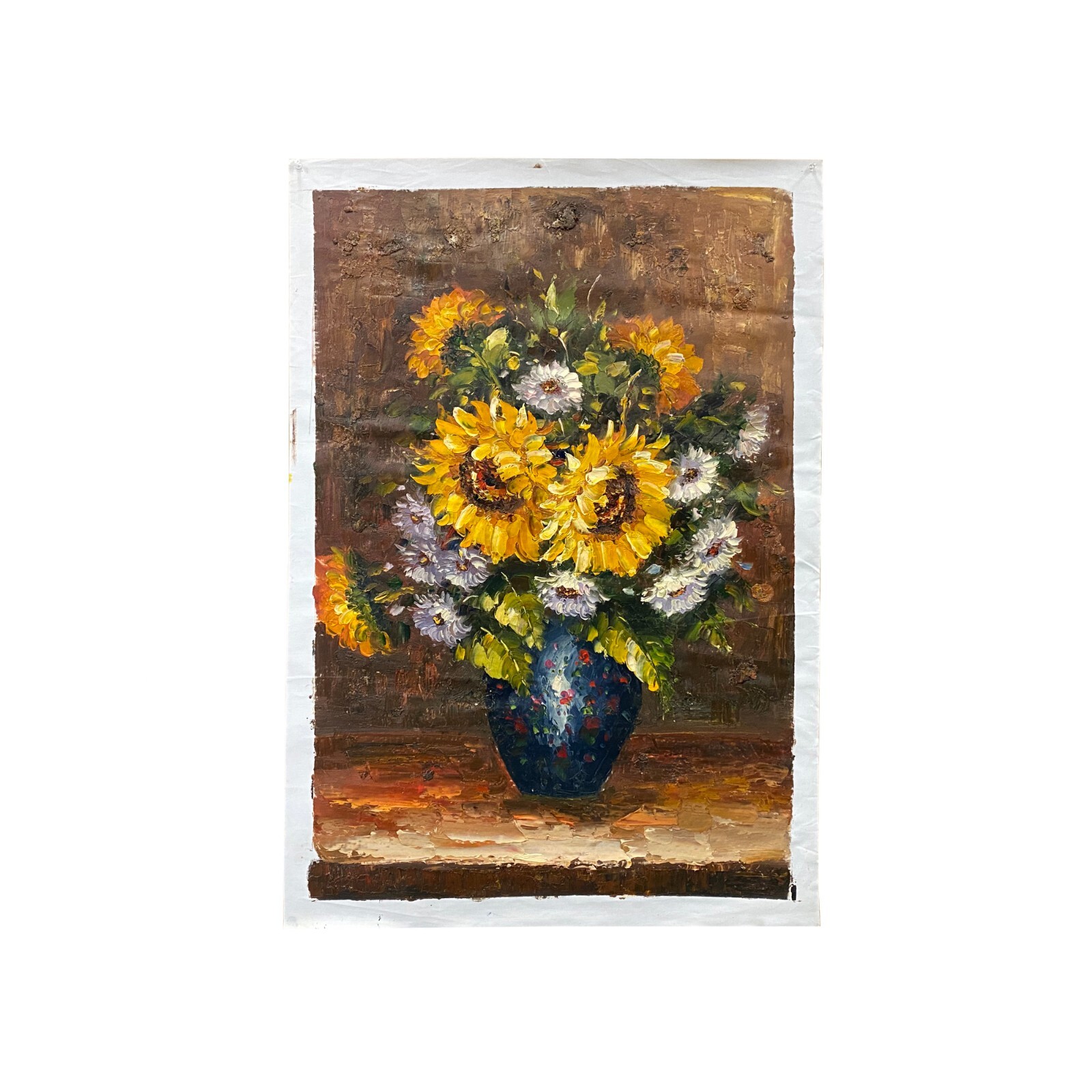 Impasto Oil Paint Canvas Art Sunflowers Blue Vase Scroll Painting ws3421S Impasto Oil Paint Canvas Art Sunflowers Blue Vase Scroll Painting ws3421S