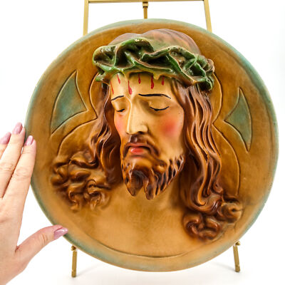 Antique Jesus Christ LARGE Chalkware Wall Hanging Art Plaque Catholic Vtg Italy