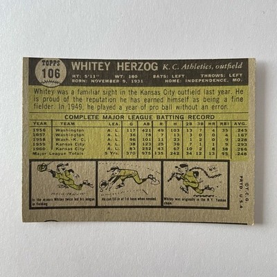 1961 Topps Baseball #106 Whitey Herzog