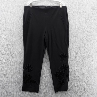 Chicos Juliet 360 Velvet Floral Applique Ankle Pants Size 3 US 16 Black Womens