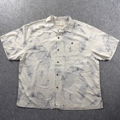 Tommy Bahama 100% Silk Hawaiian Aloha Men's XXL Button Up Shirt Cream/Tan