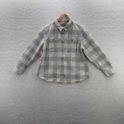 LL Bean Shirt Womens L Petite Gray White Buffalo Plaid Canvas Flannel Outdoor