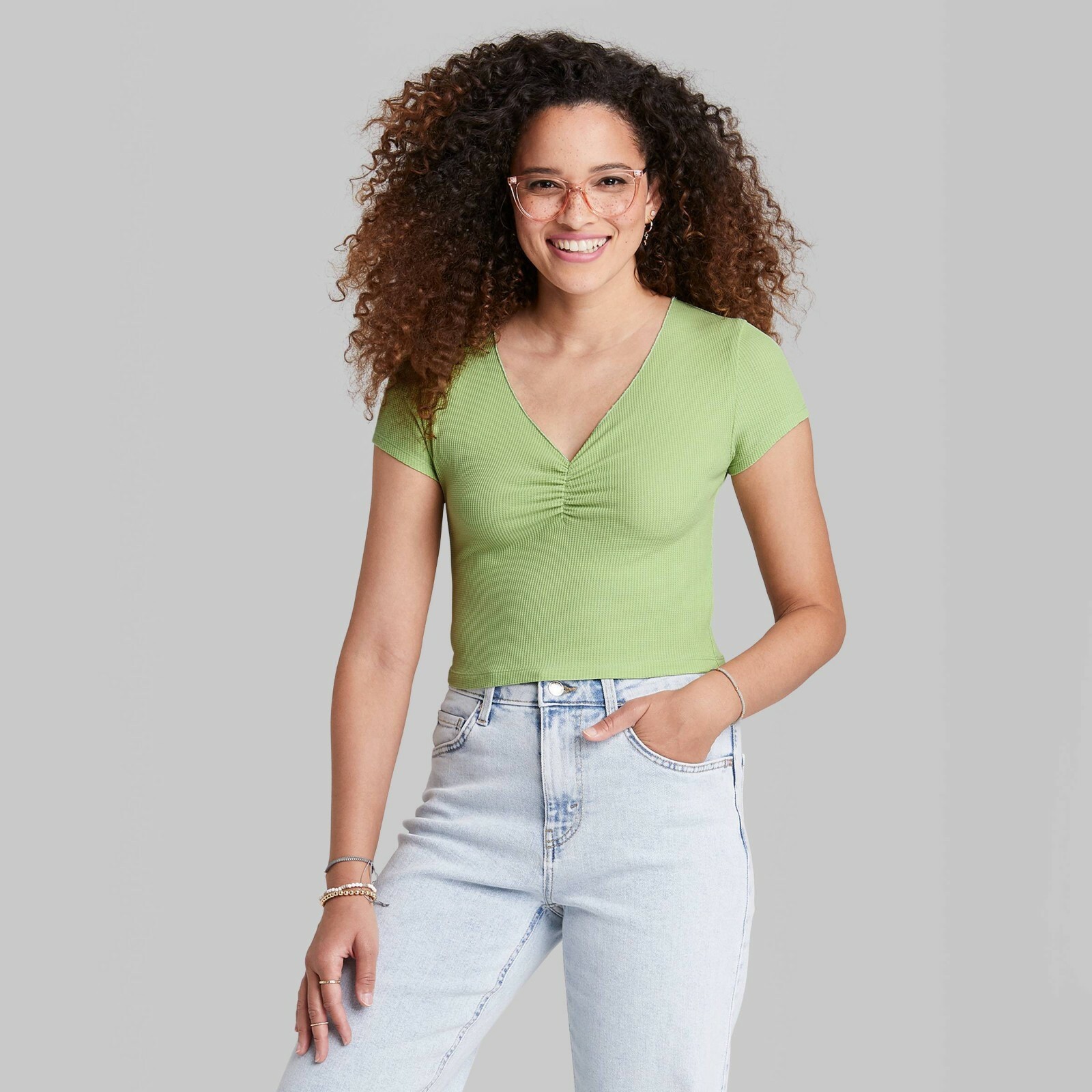 Women's Short Sleeve V Neck Cinch Front Thermal Baby T Shirt