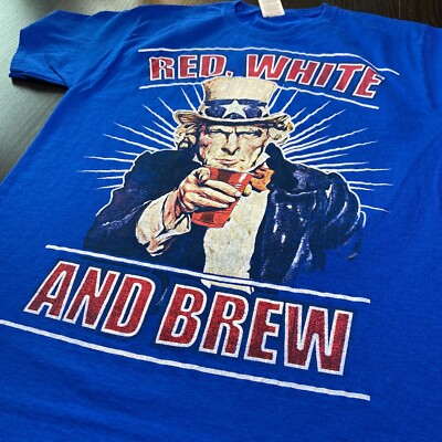  Red White & Brew Tee Mens MEDIUM T-Shirt Tee Brewery Bar Homebrew Craft Beer