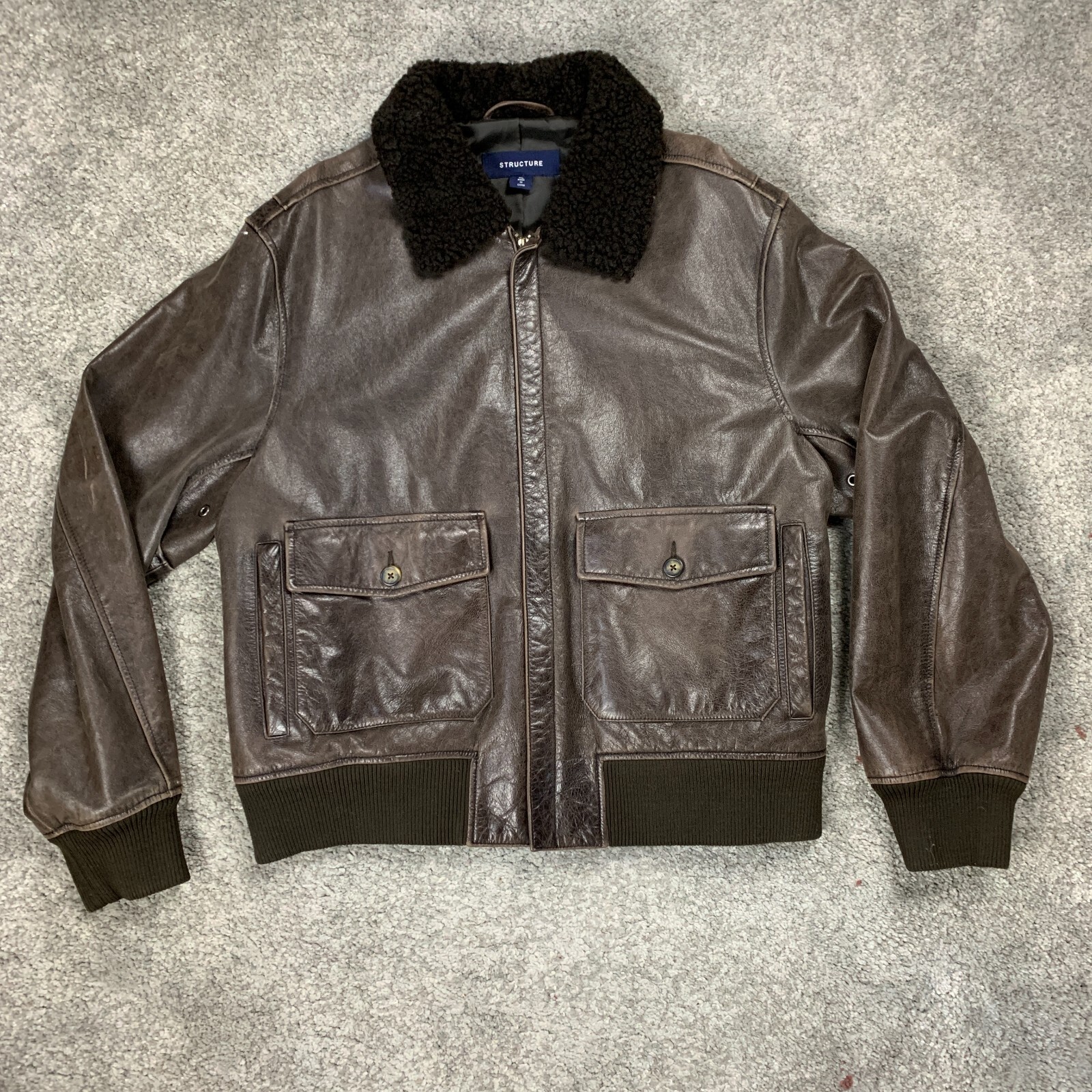 VTG Structure Aviator Bomber Flight Jacket Men's XL Brown Goatskin Leather Wool