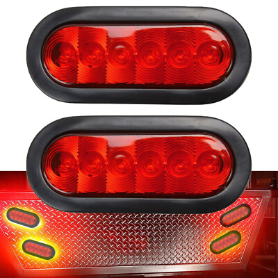 2Pcs 6 LED Trailer Truck Stop/Turn/Tail Brake Lights 6'' Oval Sealed Mount Red