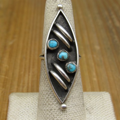 Vintage Oxidized Sterling Silver Three-Stone Blue Turquoise Ring Size 6.5