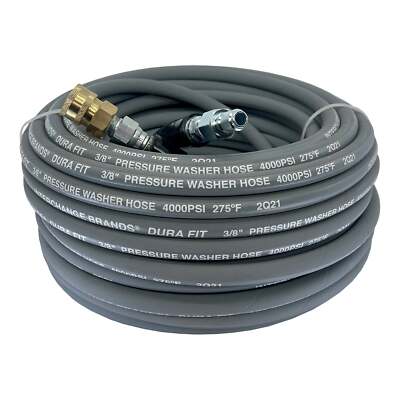 100 Ft 4000 PSI Pressure Washer Hose - 3/8" Gray Non-Marking, 275°F, With Couplers