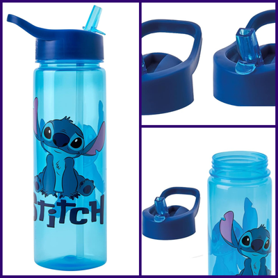Disney Stitch Water Bottle Flip Up Straw 600ml Kids Reusable Non Spill Blue