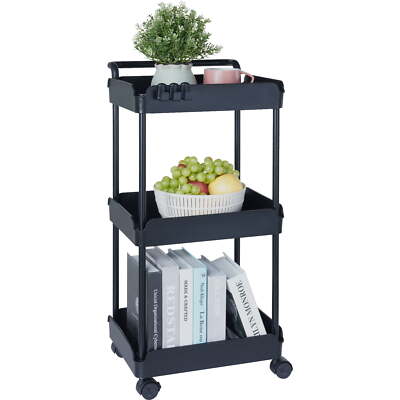 3-Tier Kitchen Rolling Cart Basket Utility Cart on Wheel with Handle Black